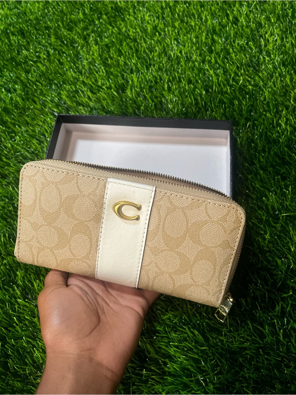 Coach Tan Signature Zip Wallet with White Center Stripe